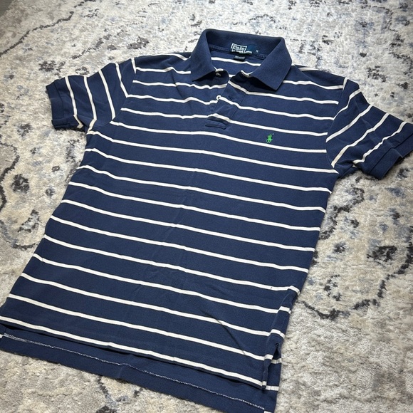 Polo Ralph Lauren Navy Striped Polo Shirt Men’s Medium Green Pony - Picture 4 of 5